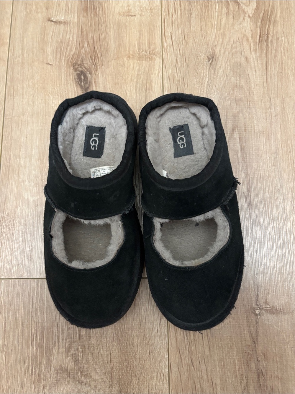 UGG Kids Black Suede Mary Jane Shoes with Shearling Lining
